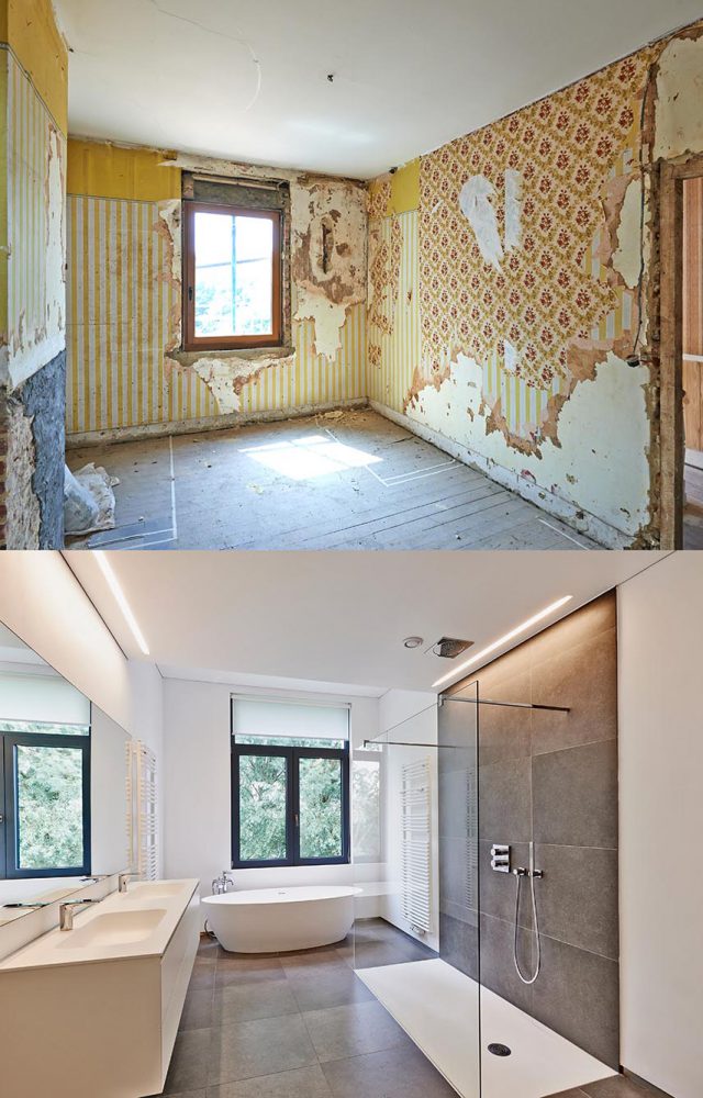 Renovation of a bathroom Before and after in vertical format